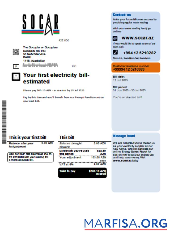 Printable Socar gas utility business bill, SCR download for verification